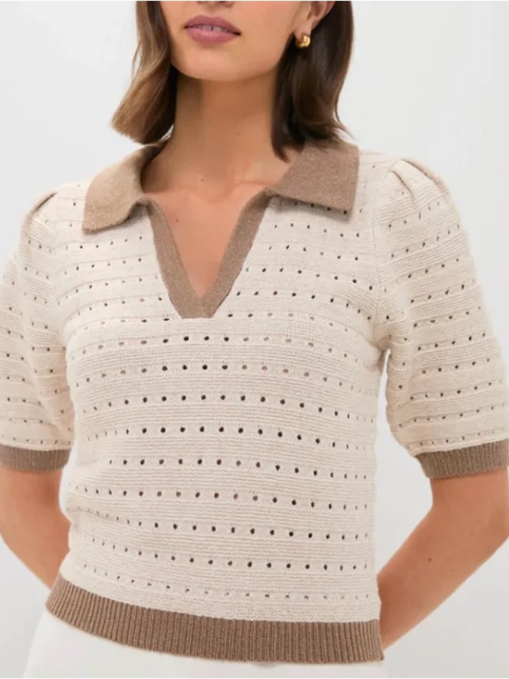 Hyacinth House Cream V-Neck Polo Sweater with Tan Trim Size S